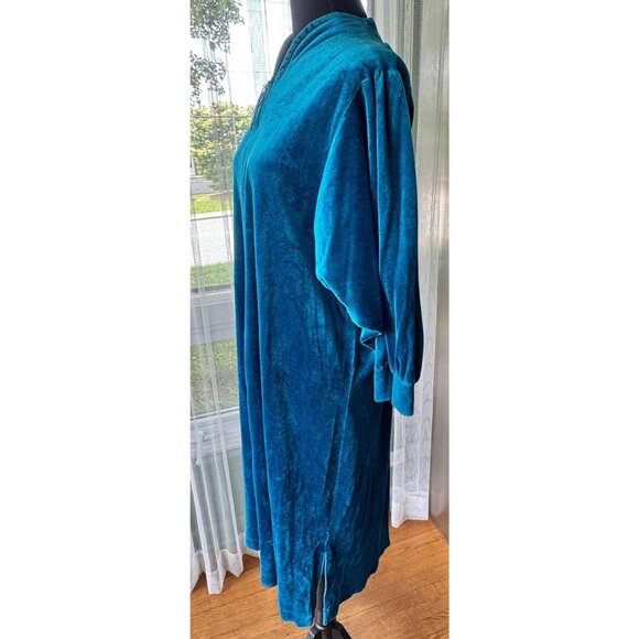 Vintage 80s robe, peacock blue velvet, batwing sleeves, front sipper, Sears - Picture 5 of 10